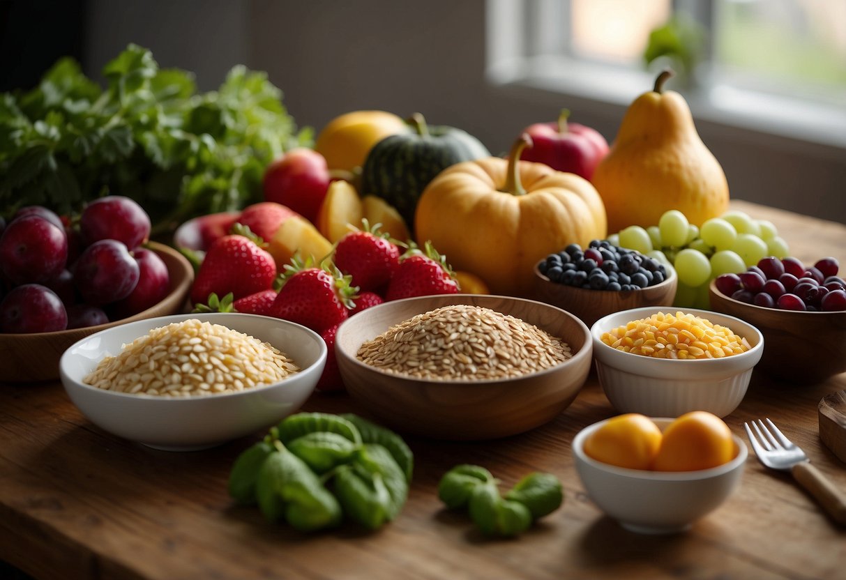 A colorful array of fruits, vegetables, and grains spread out on a table, with a variety of utensils and serving dishes nearby