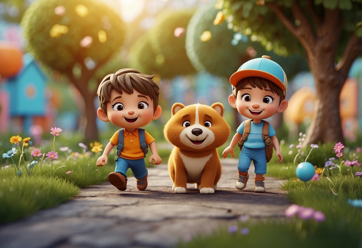 A colorful cartoon world with friendly animals, bright scenery, and happy children playing together