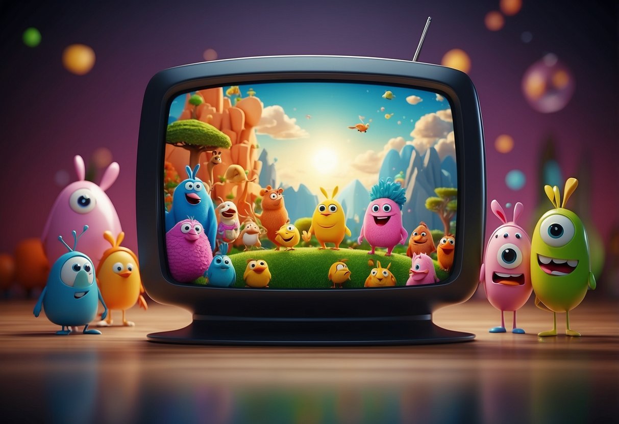 Colorful cartoon characters on a TV screen with a playful and educational backdrop