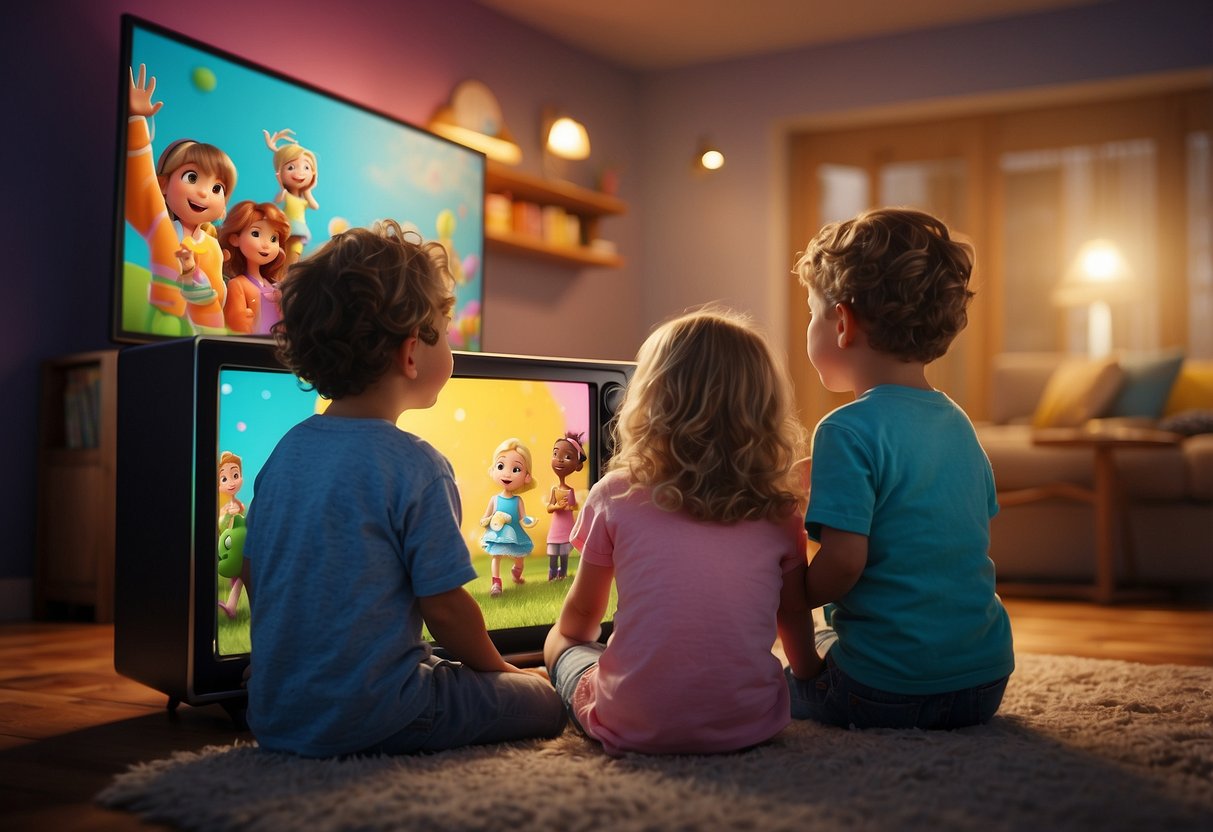 Children and families gather around a colorful TV screen, watching animated characters in a fun and lively setting