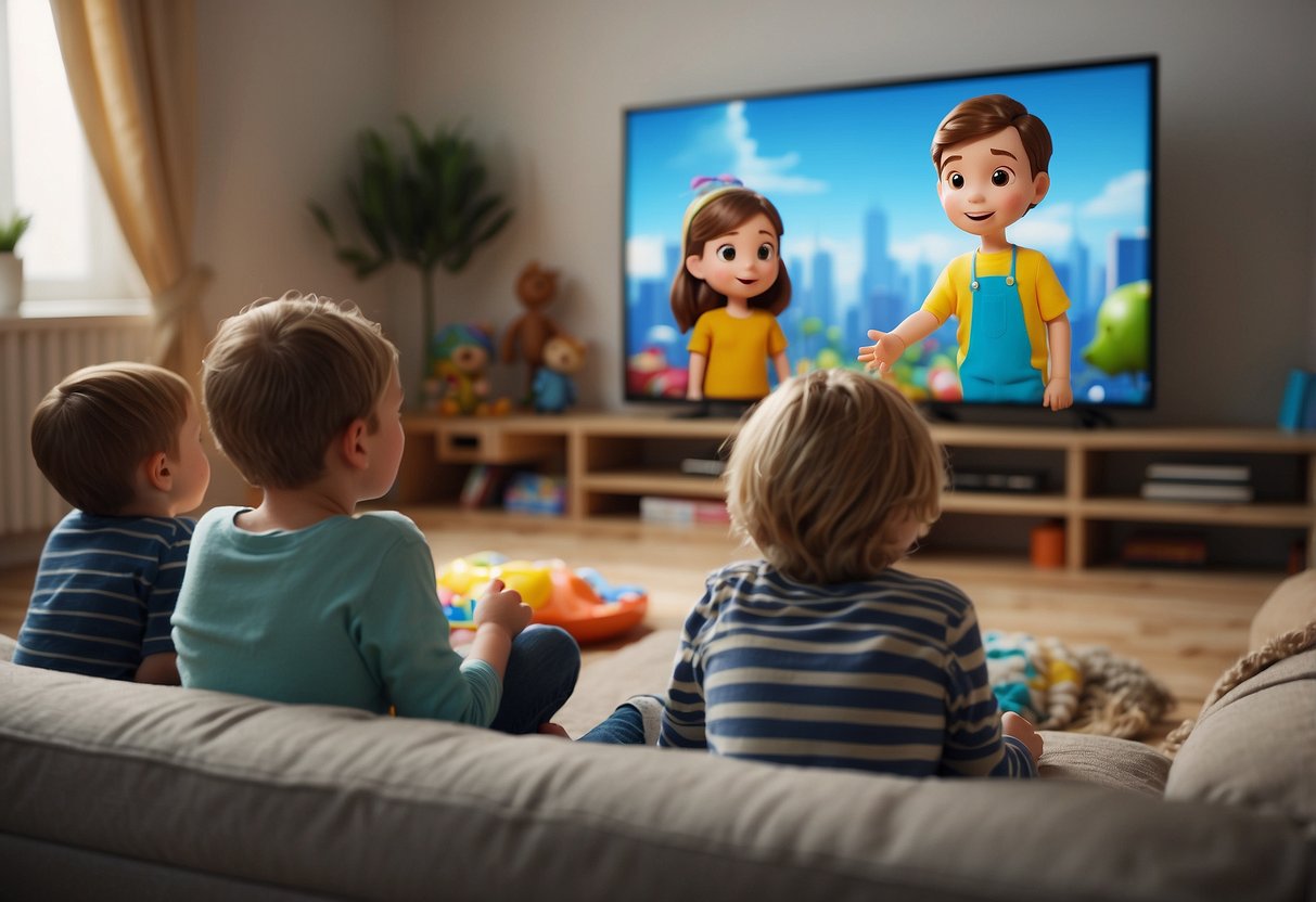 Children watching TV with colorful, animated characters on screen. Parental control settings visible on the TV, ensuring kid-friendly content