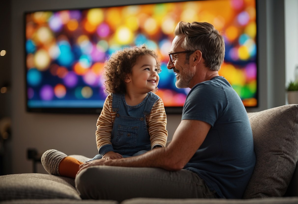 A parent and child sit together on a cozy couch, watching a colorful and engaging children's TV show on a big screen TV. They are both smiling and pointing at the screen, enjoying the program together