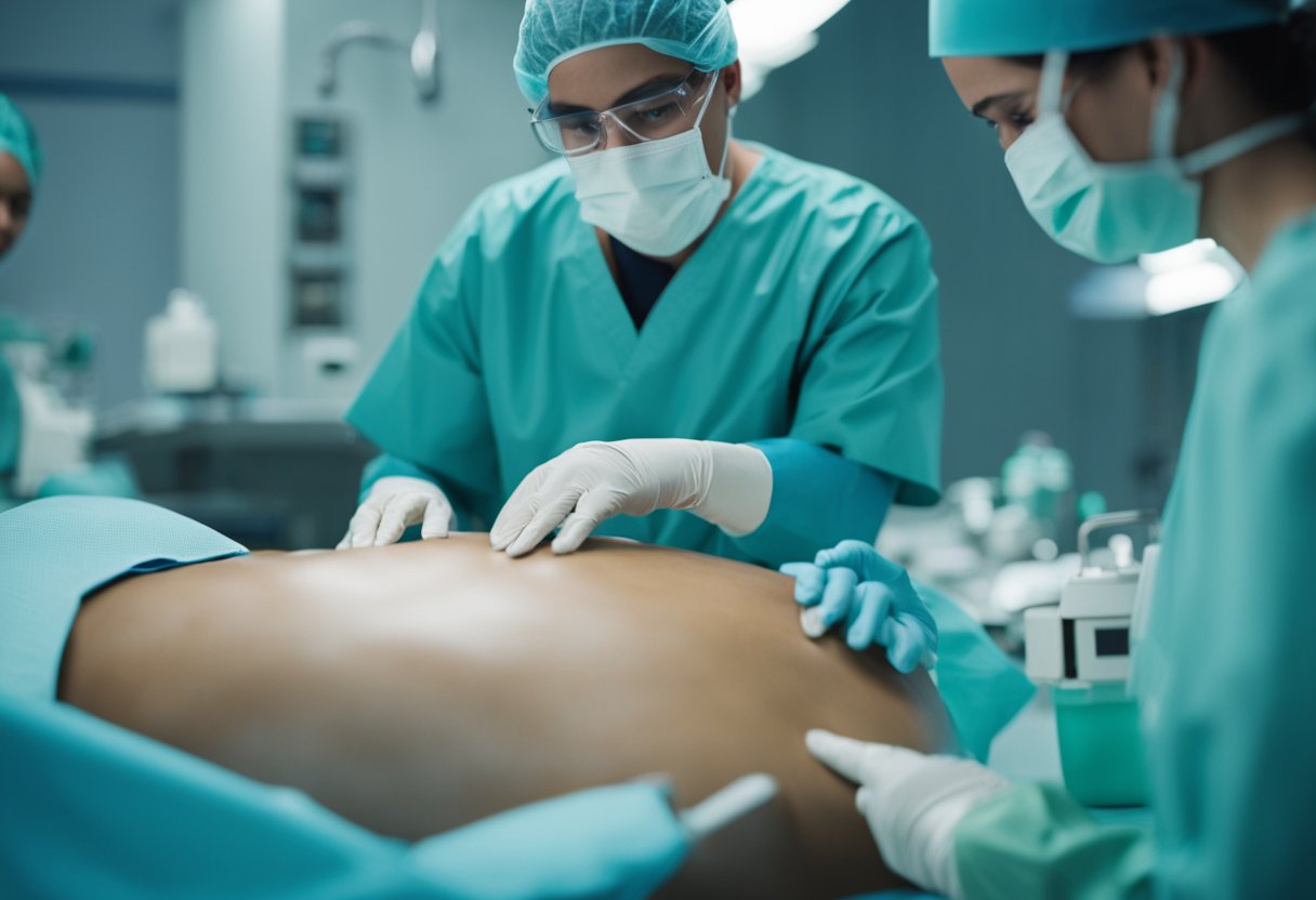 A surgeon performing an abdominoplasty in a hospital operating room. Instruments laid out on a sterile table, with a patient under anesthesia on the operating table