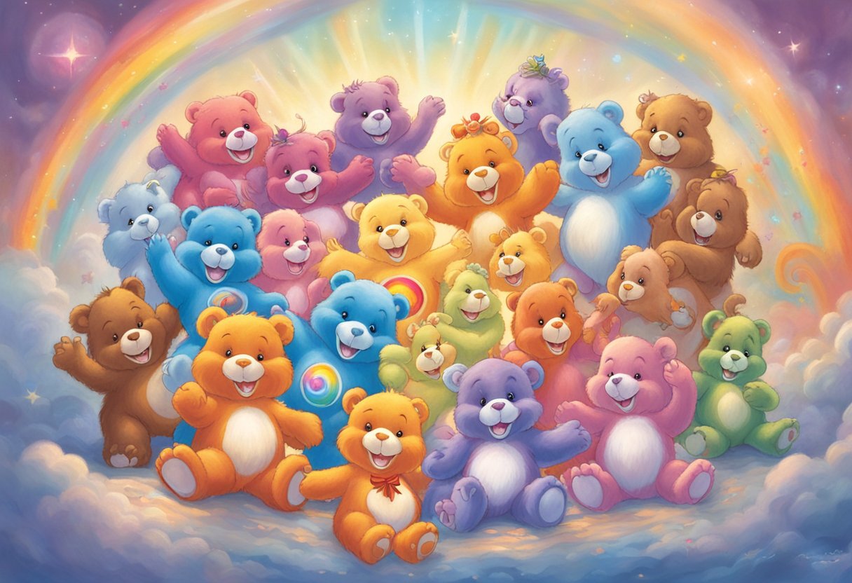 A group of 10 Care Bears, each with a different color and symbol on their belly, are gathered in a circle, hugging each other with big smiles on their faces