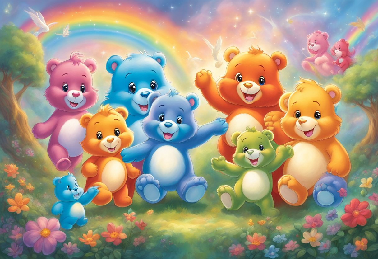 A group of Care Bears gather in a magical forest, surrounded by colorful clouds and rainbows. They are smiling and holding hands, radiating love and care