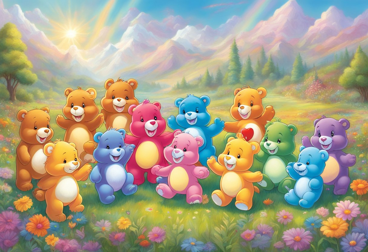 The Care Bears are gathered in a colorful meadow, each displaying their unique belly badge. They are smiling and holding hands, radiating love and happiness