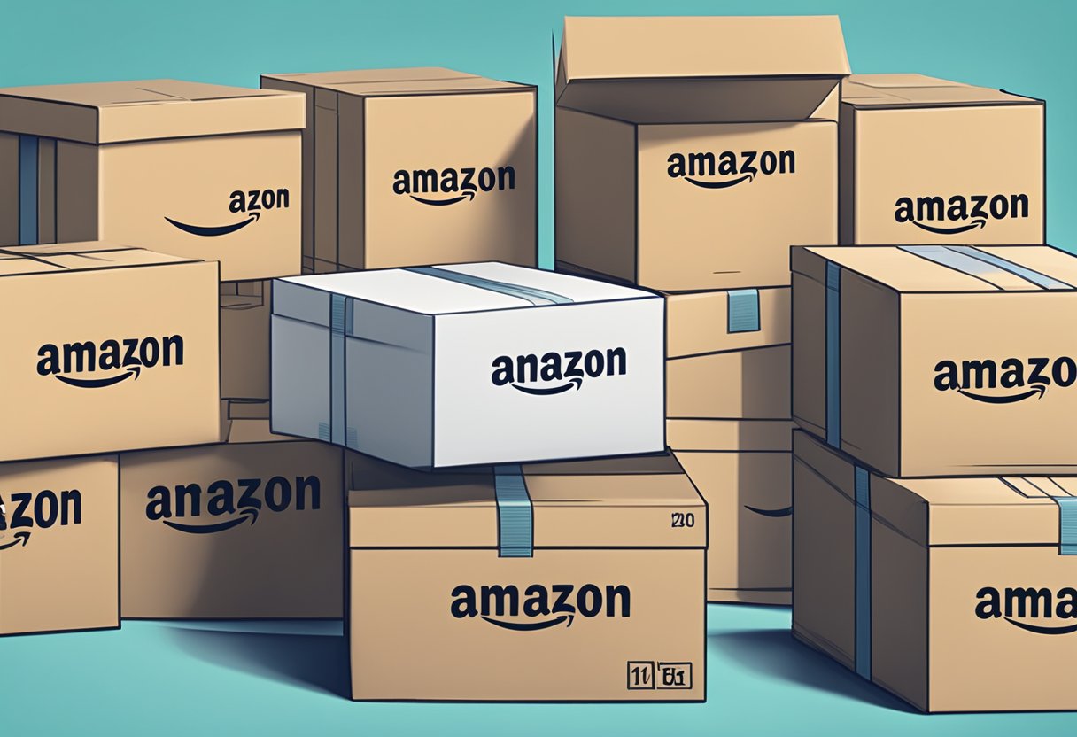 A stack of Amazon FBA boxes with a beginner's guide book on top