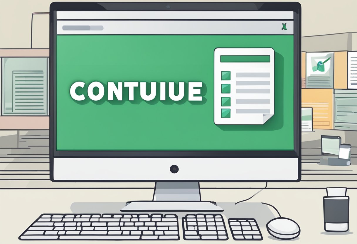 A computer screen shows a PowerPoint slide with a "Continue" button highlighted. A mouse cursor hovers over the button, ready to click
