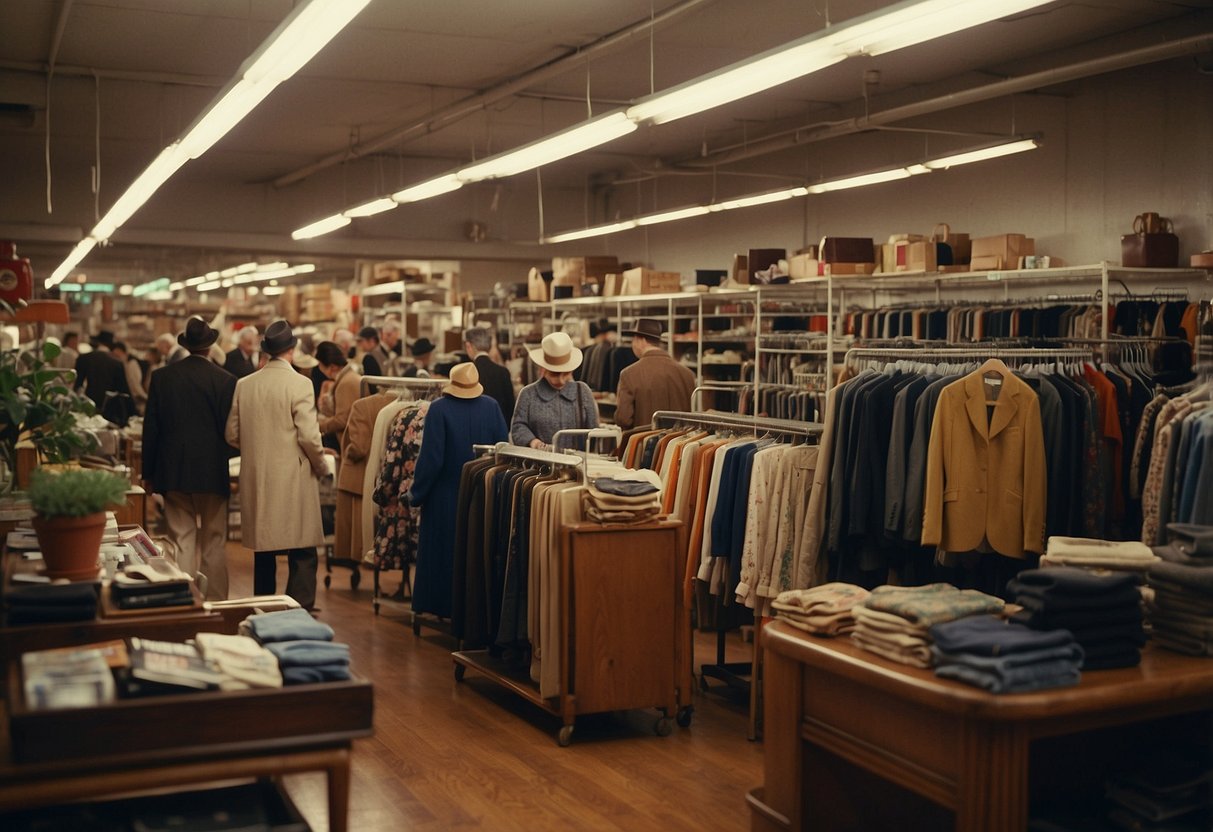 A bustling thrift store in Philadelphia with racks of vintage clothing, shelves of knick-knacks, and customers browsing for hidden treasures