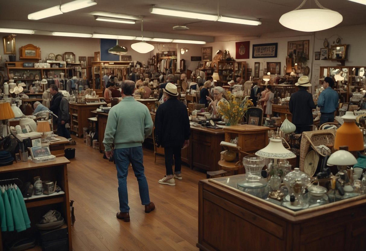 A bustling thrift store in Philadelphia, filled with racks of unique clothing, vintage furniture, and quirky knick-knacks. Shoppers browse through the eclectic selection, while friendly staff assist with finding hidden treasures