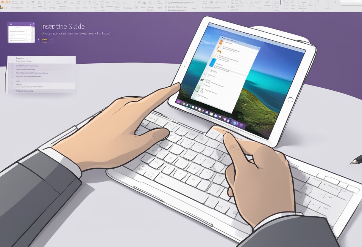 A hand holding an iPad, tapping the "Insert" button in OneNote, then selecting "PowerPoint Slide" and choosing the desired slide to insert