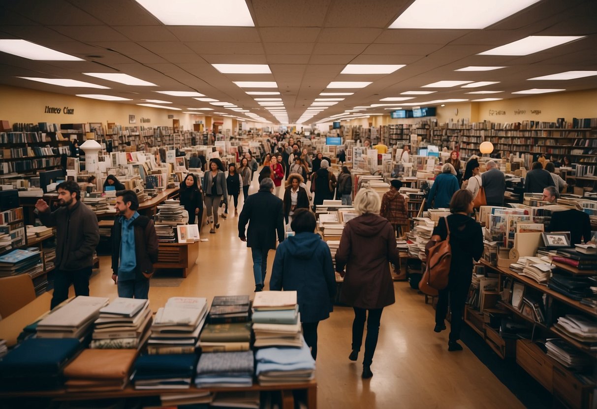 A bustling thrift store in Philadelphia, filled with diverse customers browsing through racks of clothing, shelves of homeware, and tables of books. The atmosphere is lively and vibrant, with a sense of community and shared excitement for finding unique treasures