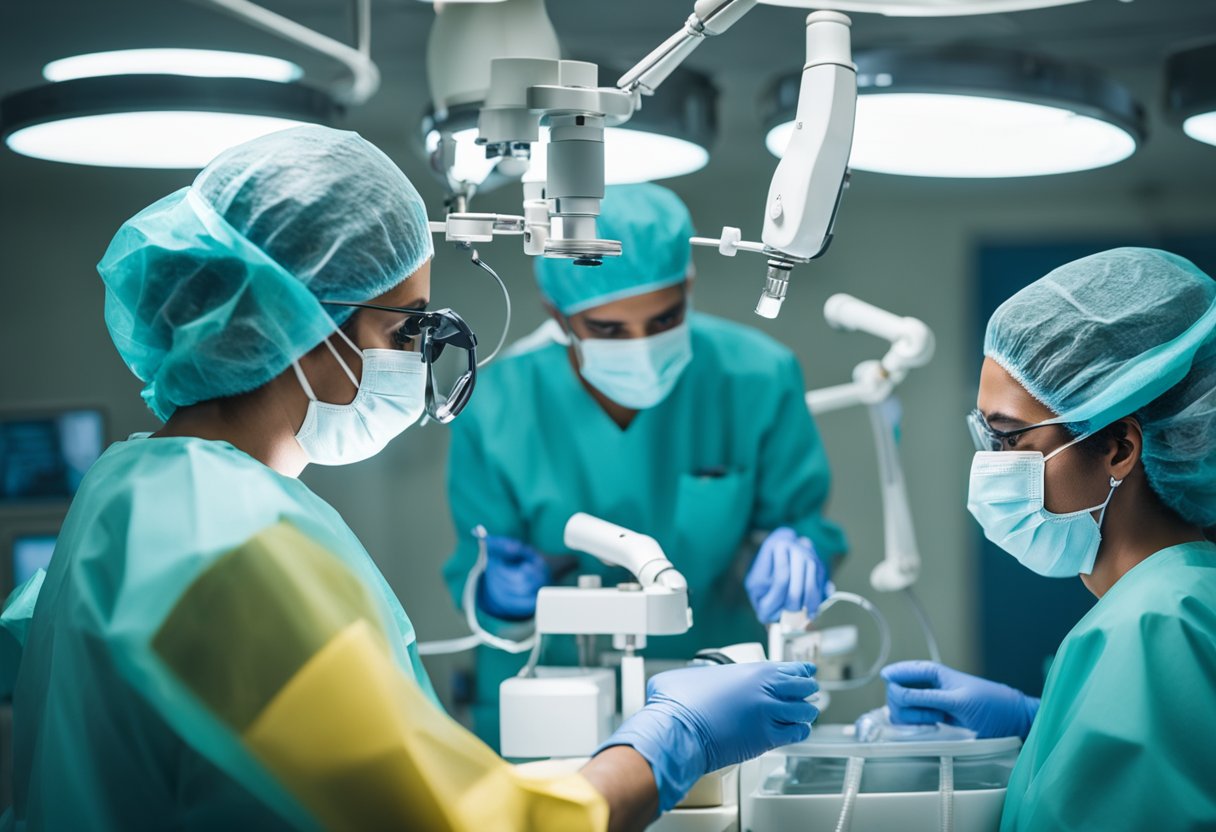 A surgeon performing nasal septum surgery in a modern operating room in Tunisia. The surgeon is using specialized instruments while a team of medical professionals assists