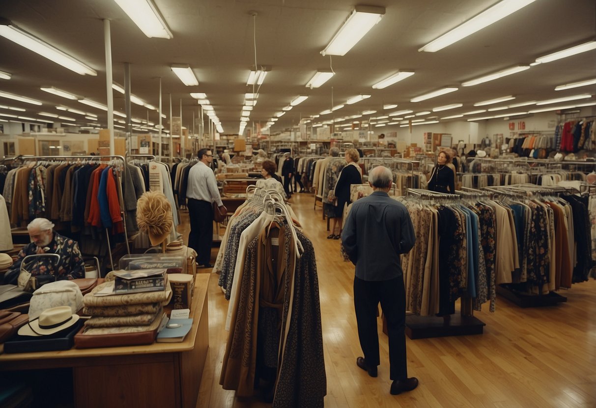 People browsing through racks of vintage clothing and shelves of unique home decor items in a bustling Philadelphia thrift store