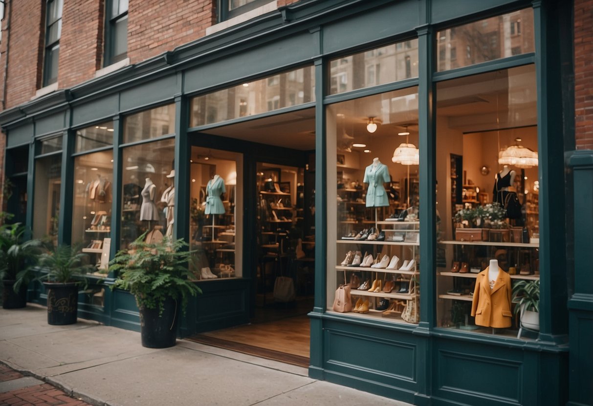 A bustling Philadelphia street lined with trendy thrift stores, showcasing racks of vintage and modern fashion pieces. Vibrant window displays catch the eye of passersby