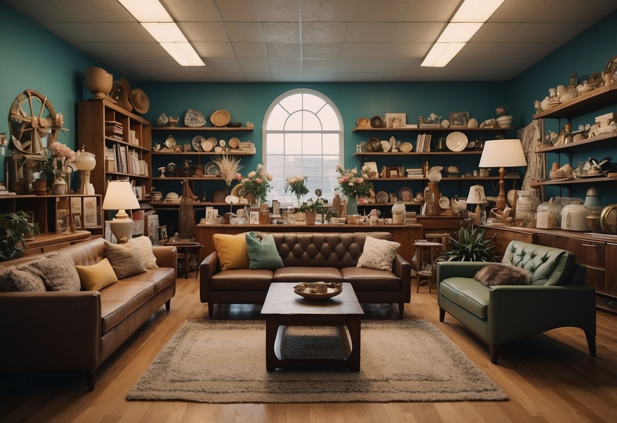 An online thrift store with a variety of items displayed on a virtual platform, including vintage clothing, furniture, and accessories