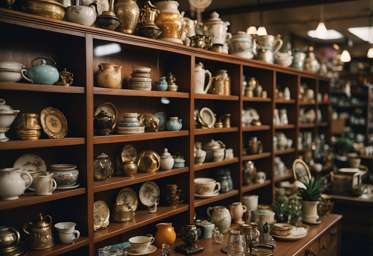 A cluttered thrift store display shelves with vintage accessories and specialty items in Philadelphia