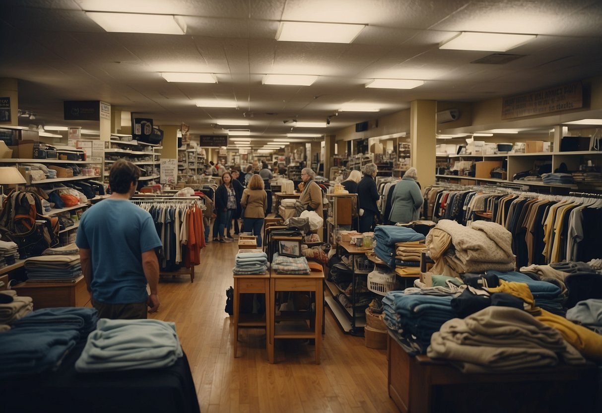 A bustling thrift store in Philadelphia with racks of clothing, shelves of housewares, and customers browsing for treasures