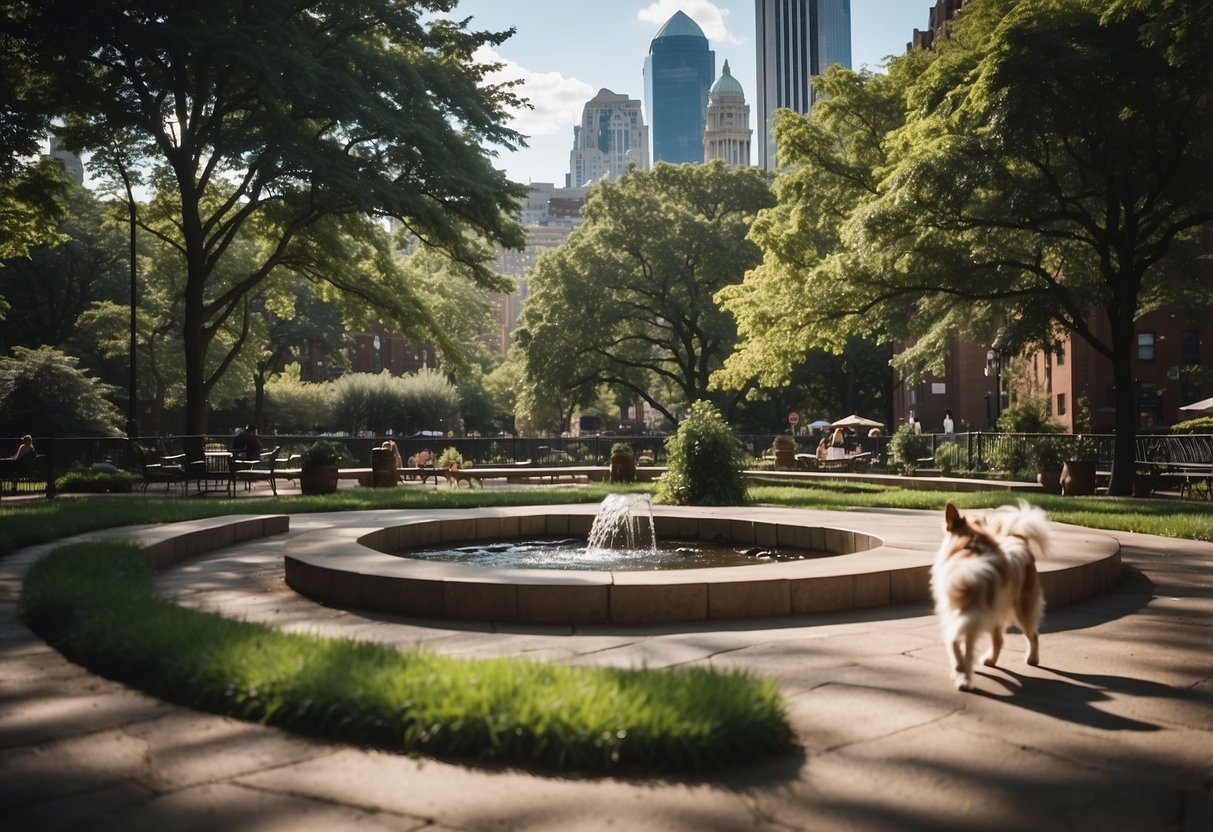 Dogs playing in lush, fenced-in park with agility course, water features, and shaded seating areas in Philadelphia