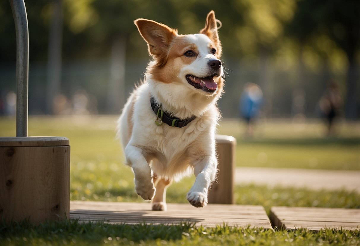 The dog park features a spacious fenced area with agility equipment, water stations, and shaded seating for owners. A separate section for small dogs is also available