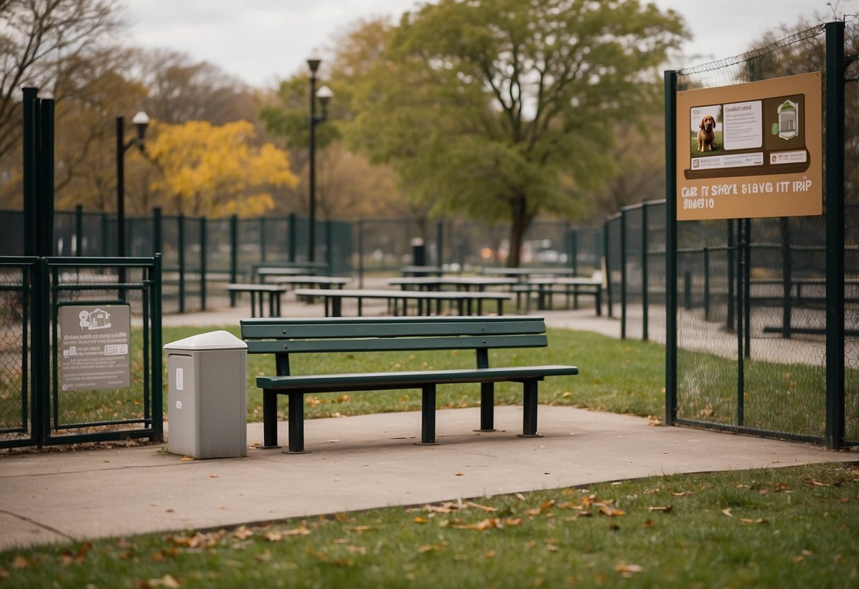 Dogs playing in a fenced-in area with signs displaying rules and etiquette for Philadelphia dog parks. Benches and waste stations are scattered throughout the park