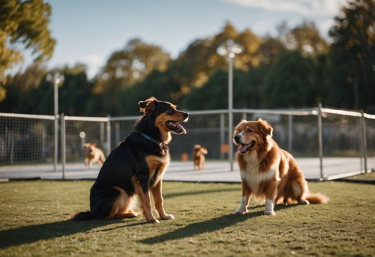 Dogs playing in a spacious, fenced-in area with agility equipment, water stations, and shaded seating. Families gather, chatting while their dogs socialize