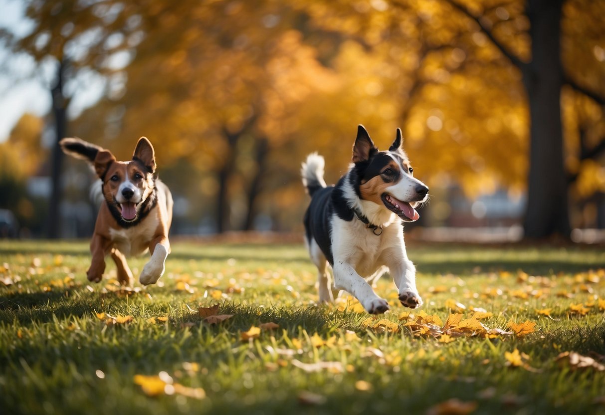 Dogs playing in a spacious, grassy park with colorful fall foliage and a clear, sunny sky. A variety of dog-friendly amenities are visible, such as water stations and agility equipment