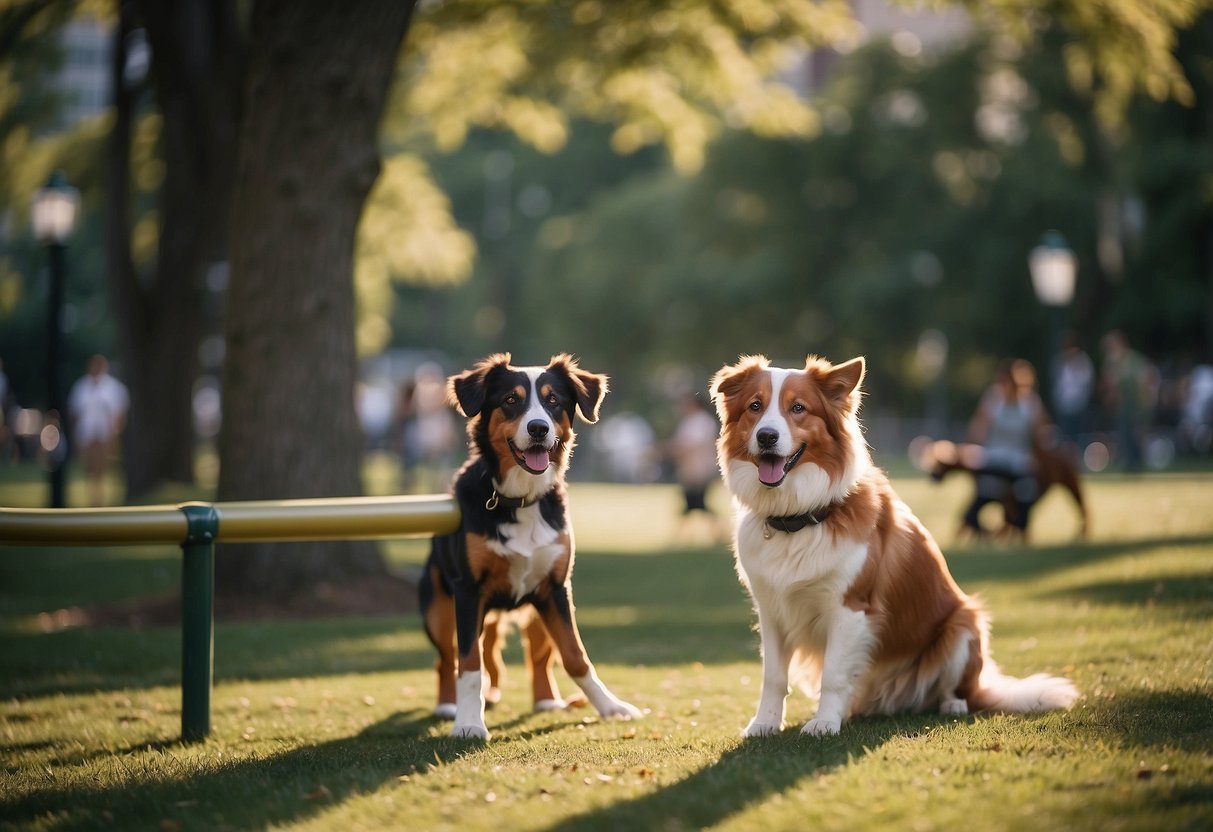 Dogs playing in a spacious, well-maintained park with various agility equipment and plenty of shade in Philadelphia