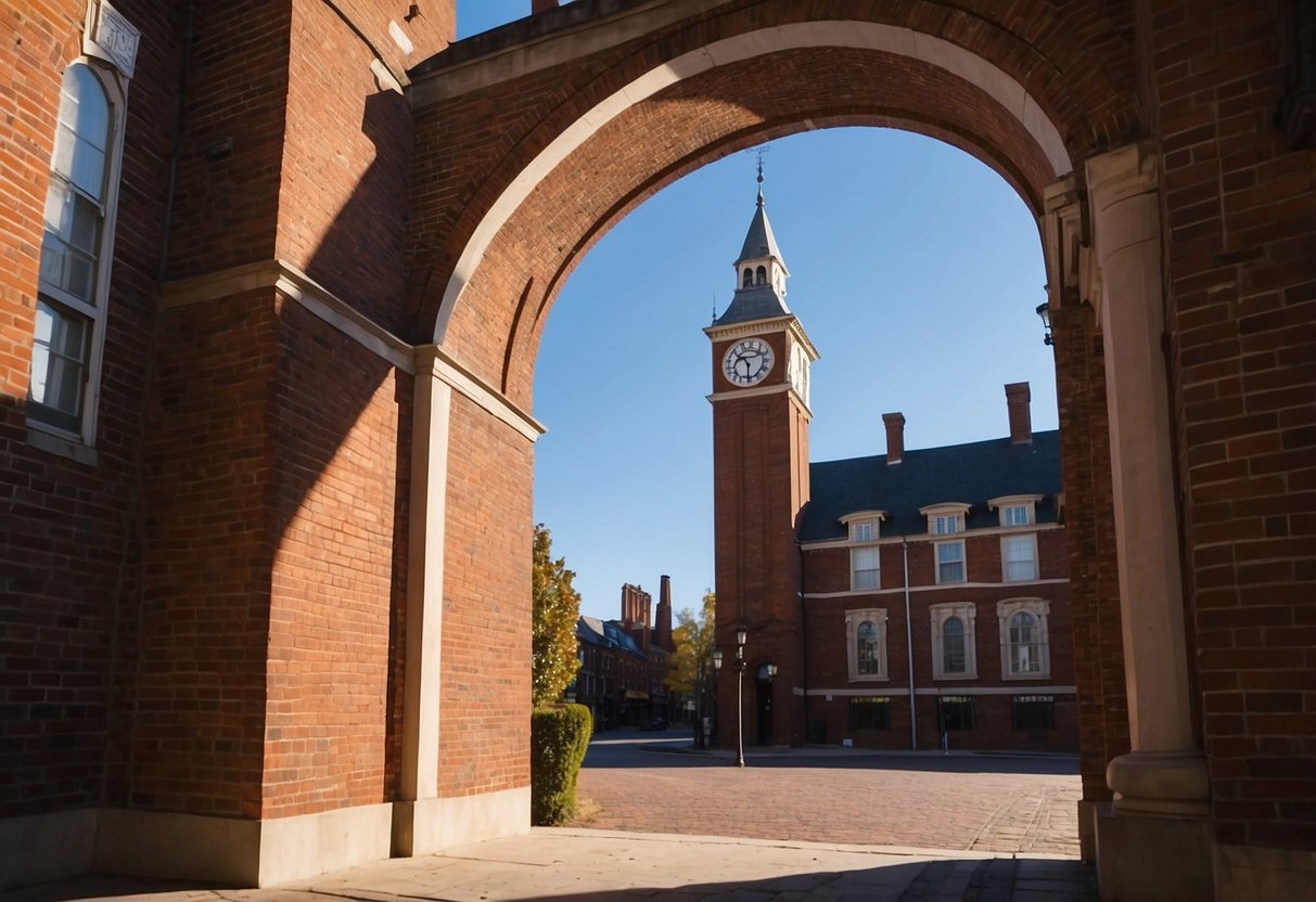 Sunlight bathes the historic red brick building, casting long shadows across the cobblestone courtyard. The iconic clock tower stands tall against the clear blue sky, a symbol of American independence