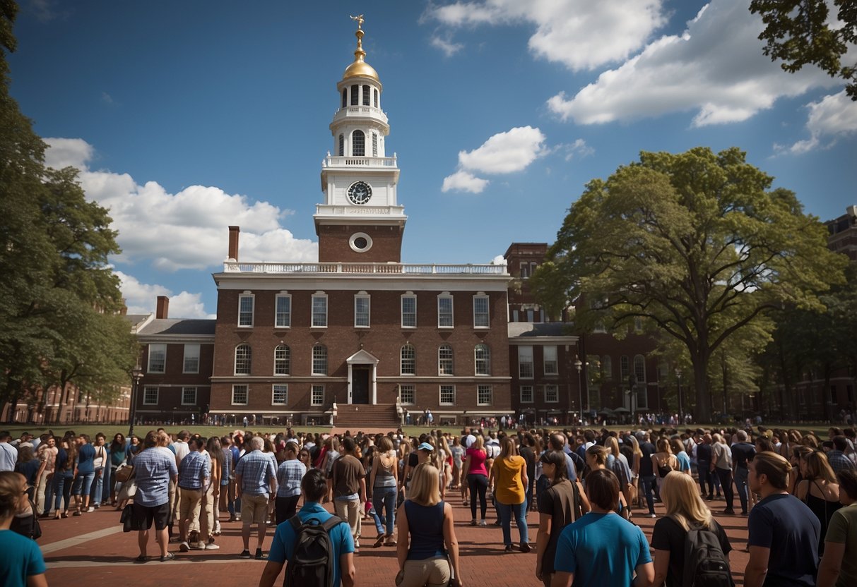 Independence Hall stands tall, surrounded by a crowd of visitors. A sign reads "Curation and Education" as people explore the historic site