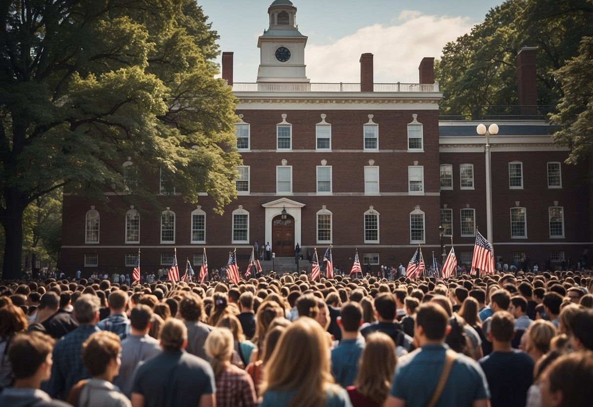 A bustling crowd gathers outside Independence Hall, with flags waving and excited chatter filling the air. The historic building stands tall and proud, a symbol of freedom and democracy