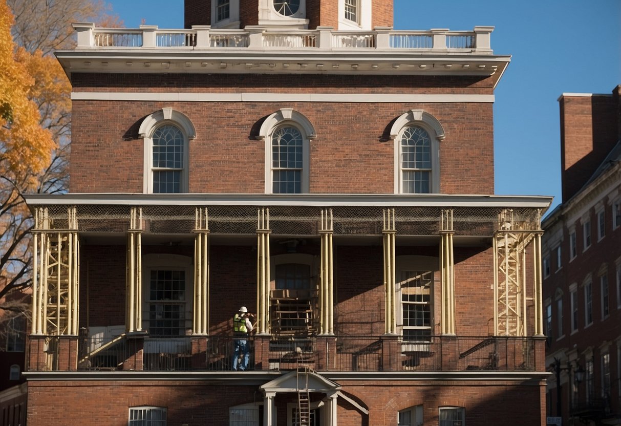 Sunlight bathes the historic Independence Hall, surrounded by preservation efforts. Scaffolding and workers carefully restore the iconic building's grand facade