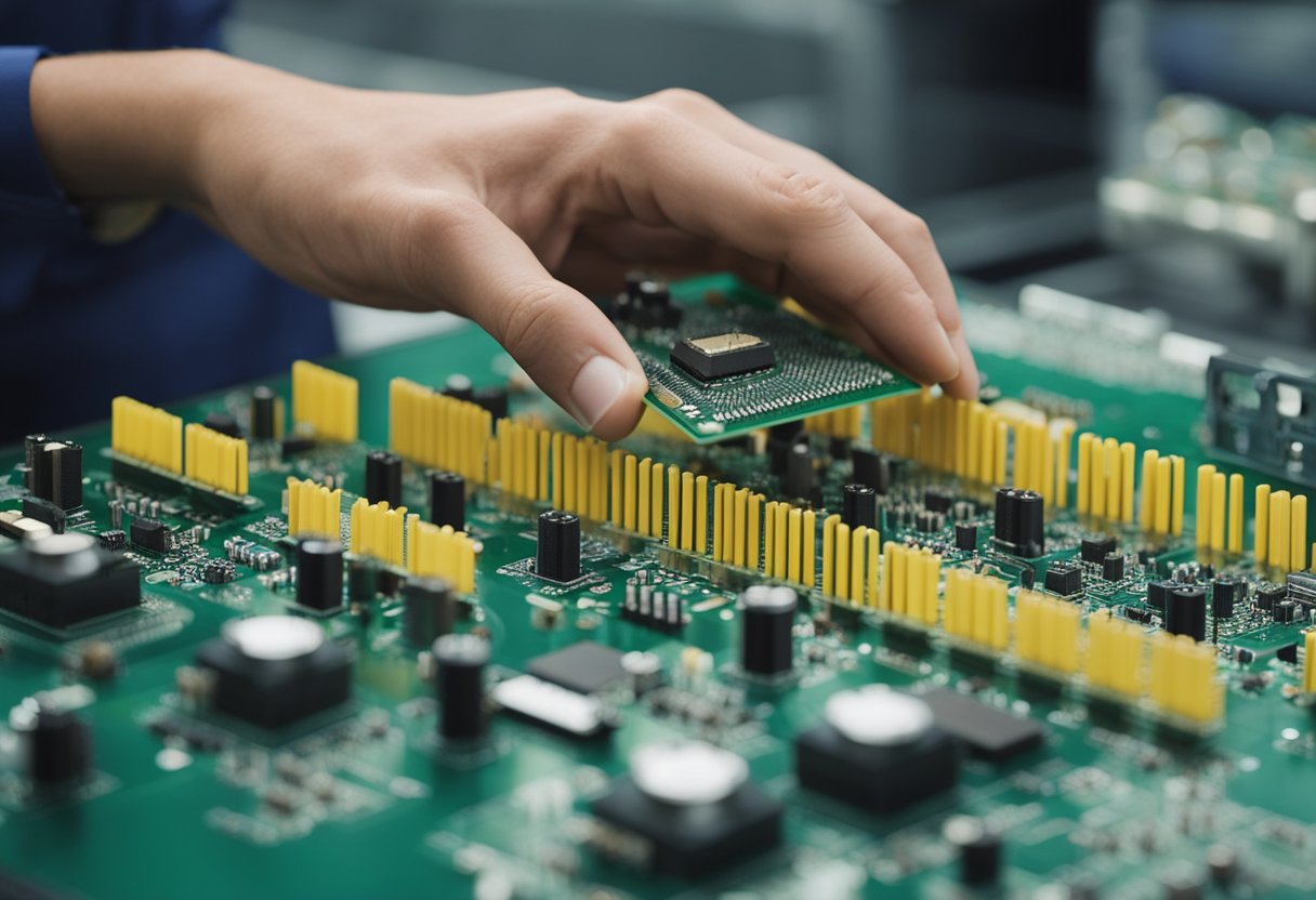 A technician carefully places electronic components onto a printed circuit board at a manufacturing facility in the USA