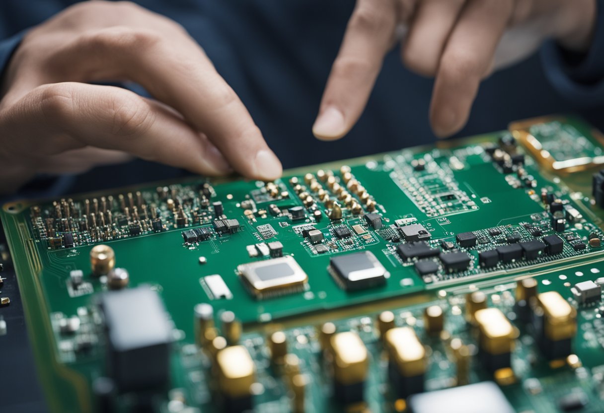 PCB assembly components laid out on a workbench, with a technician inspecting the quality of the components and the assembly process
