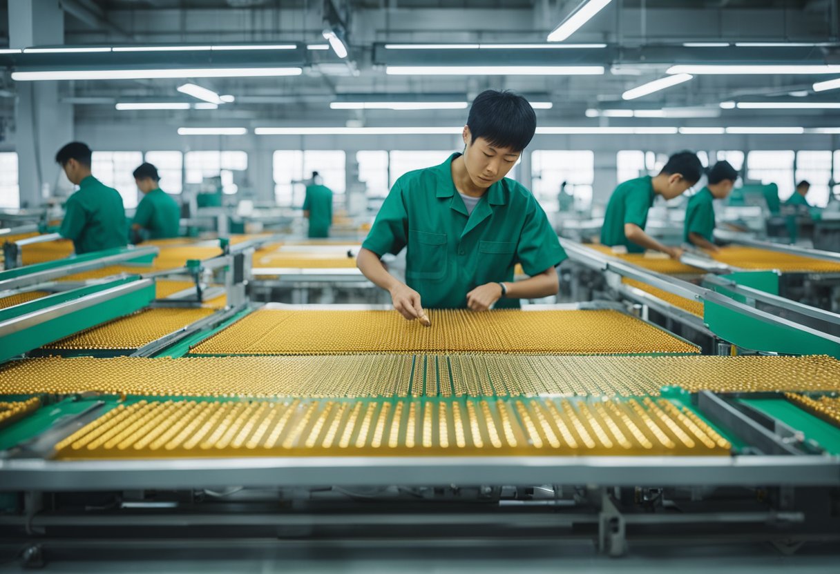 Workers assemble PCBs on conveyor belts in a brightly lit factory in China