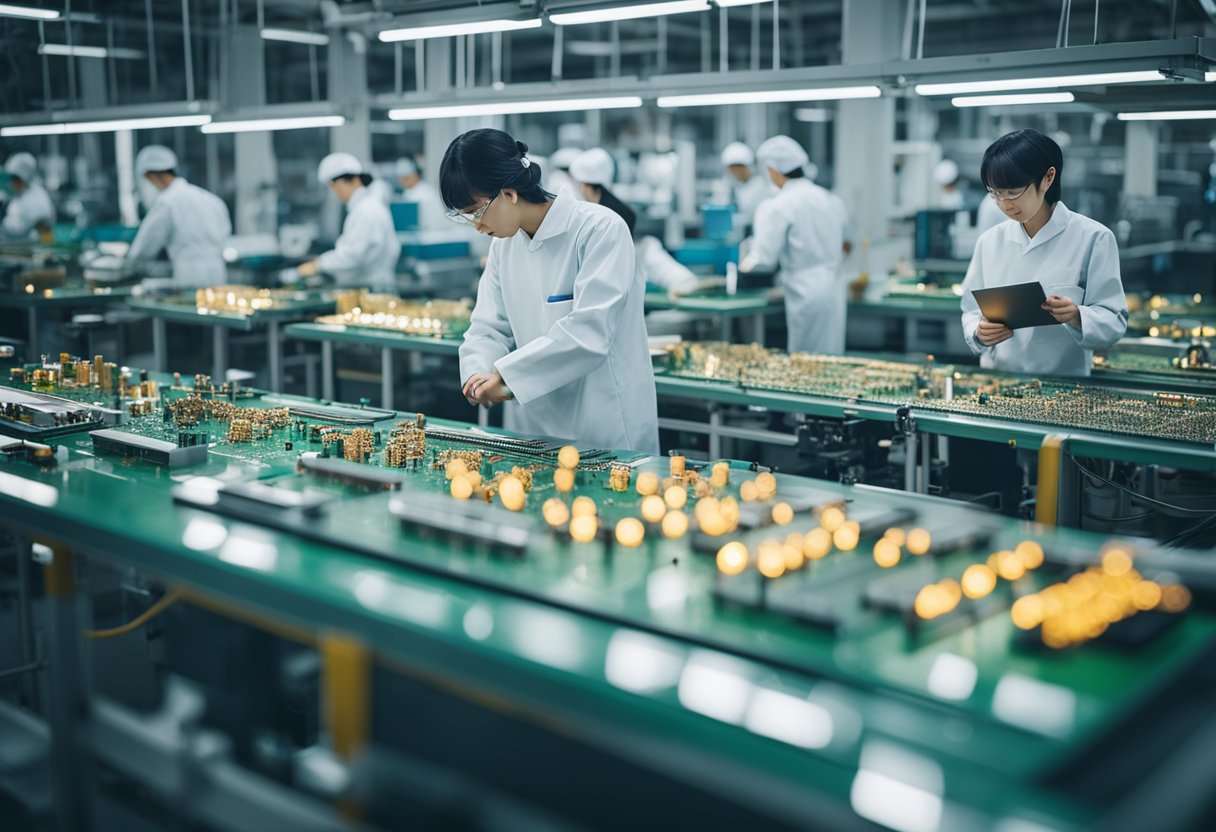 A bustling factory floor with workers assembling intricate PCBs in China's top assembly companies