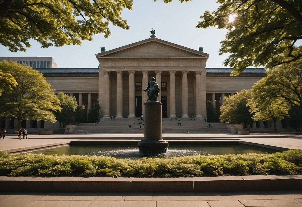 The Philadelphia Museum of Art stands tall, flanked by the Rodin Museum and Barnes Foundation. The scene is filled with diverse architecture and lush greenery, reflecting the city's rich cultural heritage