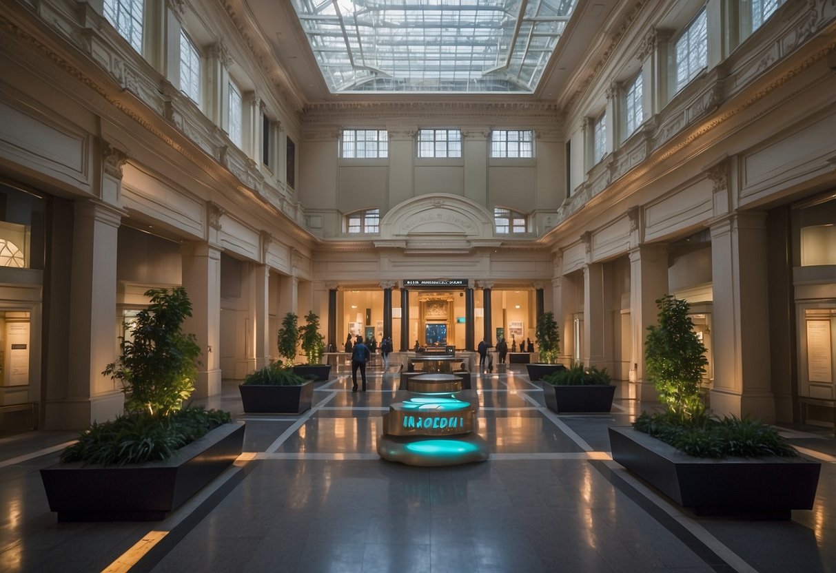 The museum's grand entrance showcases special exhibitions and events in Philadelphia, with vibrant displays and interactive installations
