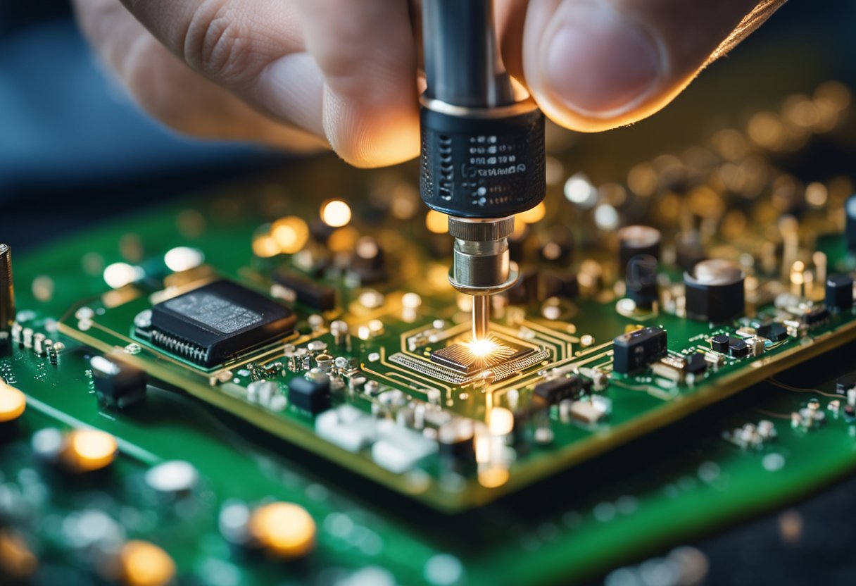 Soldering iron melts metal onto printed circuit board. Components are carefully placed and soldered by skilled technician