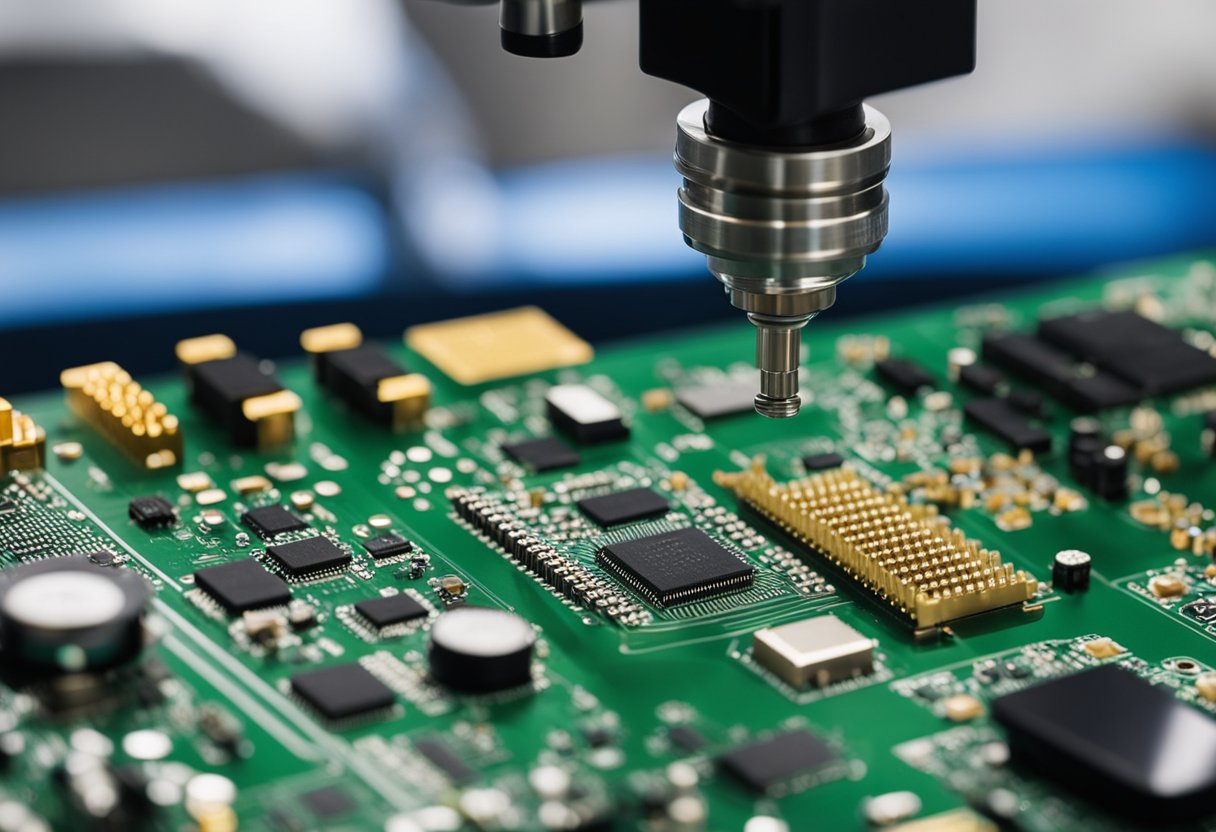 Components being placed on a PCB using SMT and through-hole assembly techniques