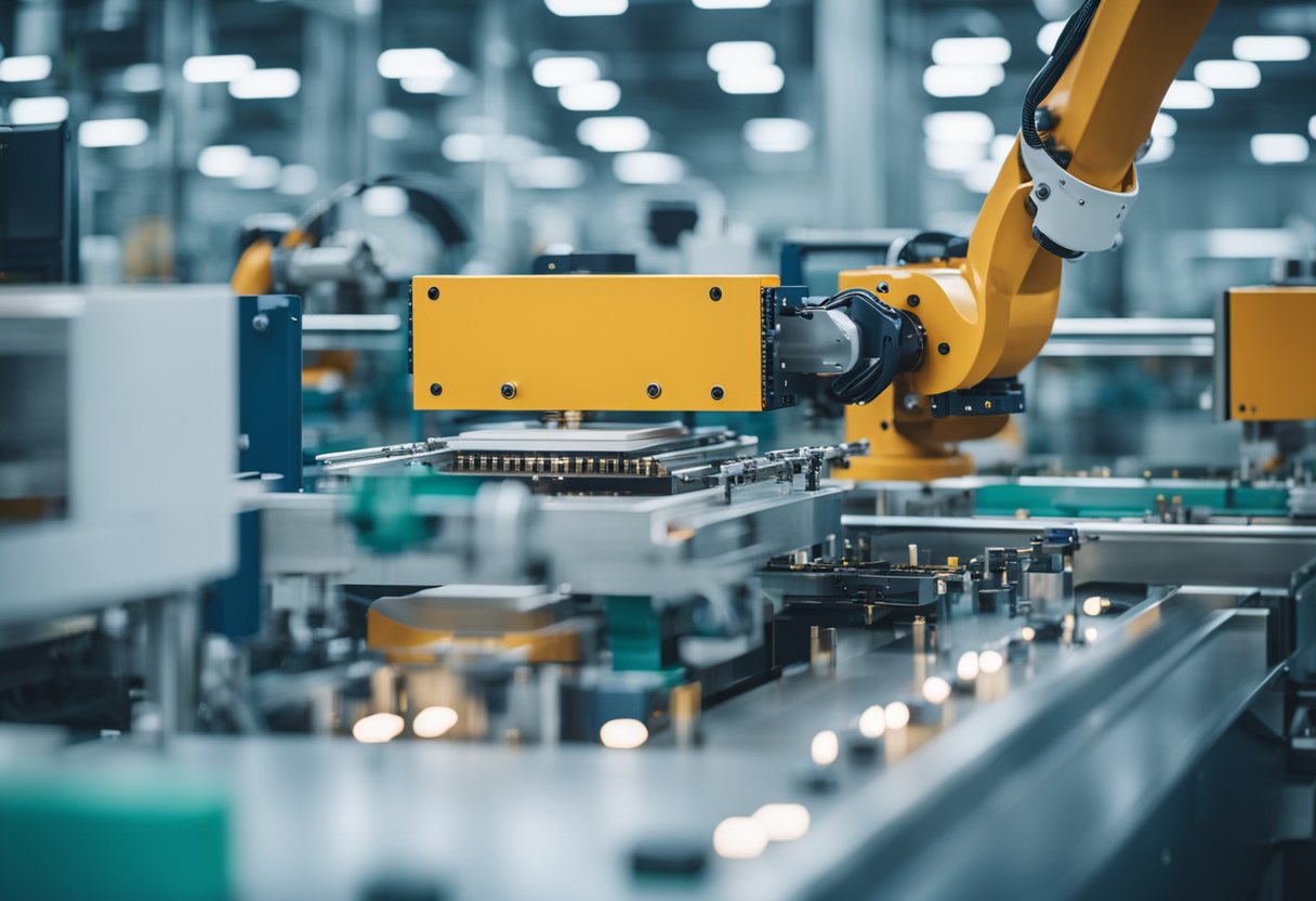 Machines assemble PCBs in a bright, spacious factory in Gujarat. Conveyor belts move boards between workstations, where robotic arms solder components with precision