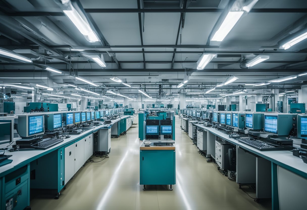 PCB assembly machines humming in a clean, well-lit facility in Gujarat, India. Rows of components and circuit boards neatly organized on workstations