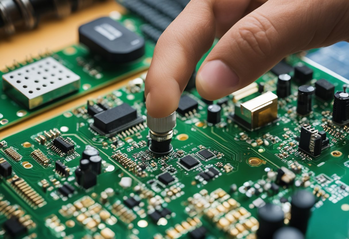 Components are placed on a printed circuit board (PCB) following a specific process flow chart. Soldering and inspection complete the assembly