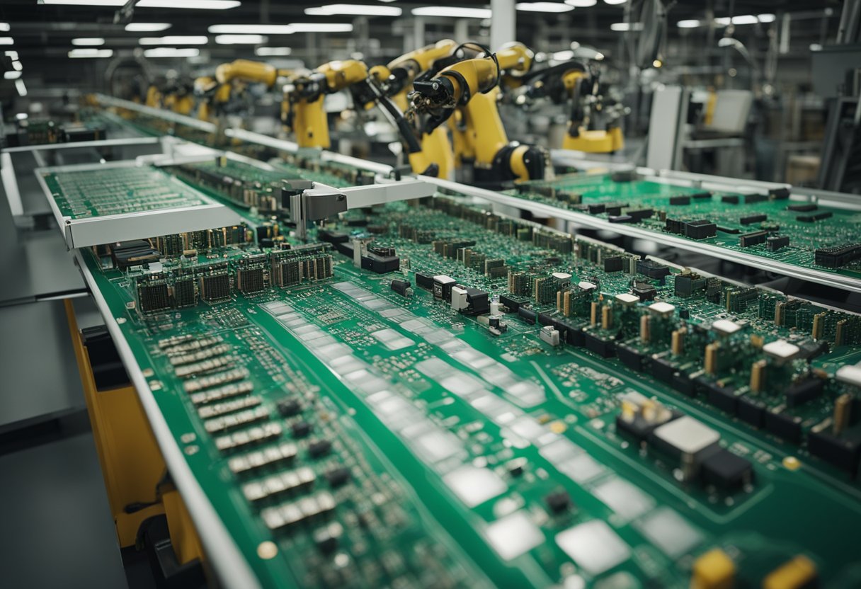 An array of circuit boards being assembled by robotic arms in a UK PCB assembly facility