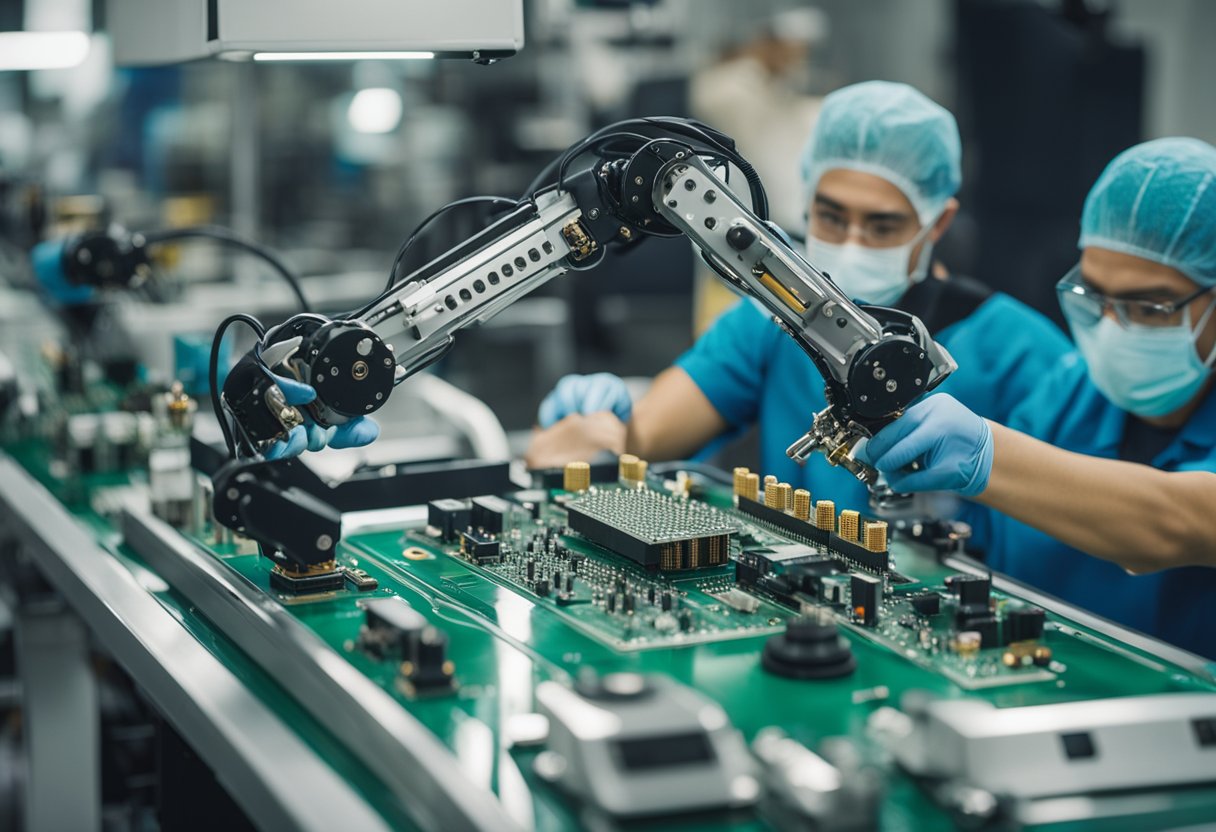 Robotic arms soldering PCB components on assembly line
