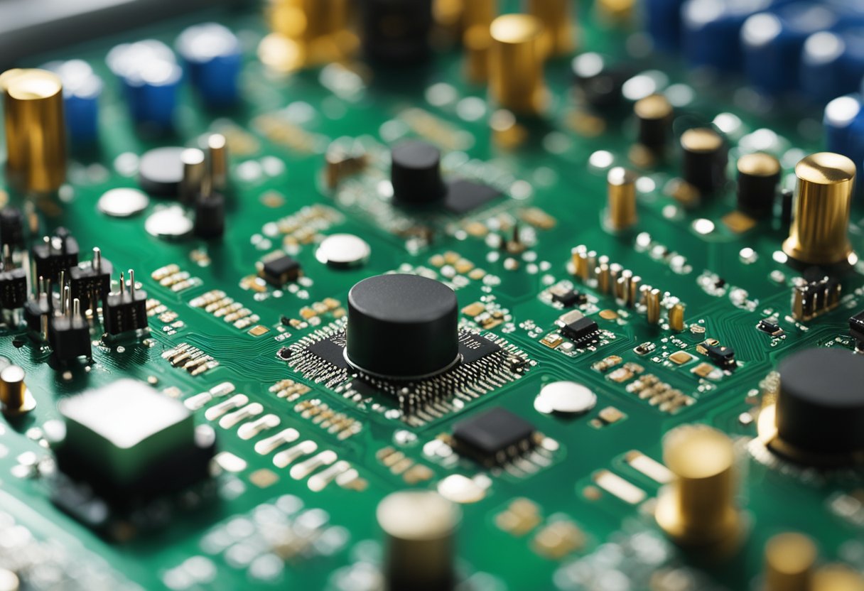 Electronic components being carefully placed and soldered onto a circuit board in a controlled environment