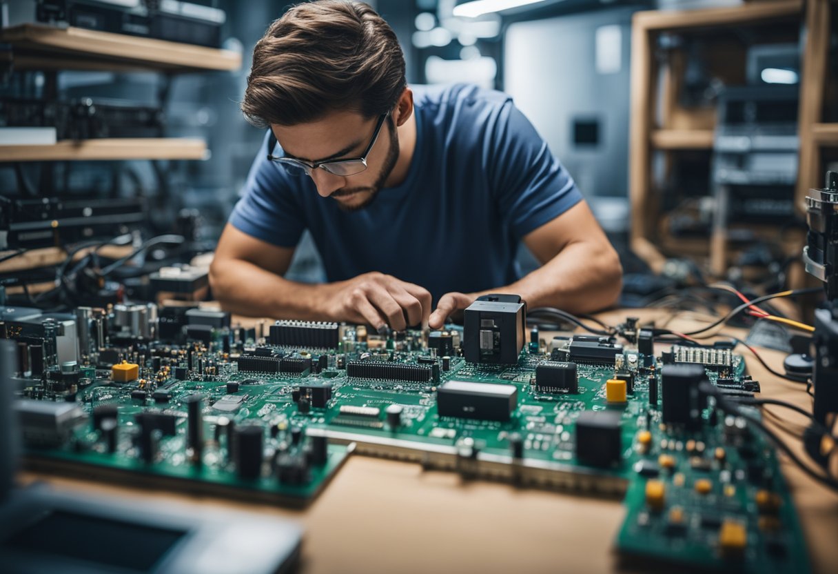 A technician reviews a circuit board design, surrounded by various electronic components and tools
