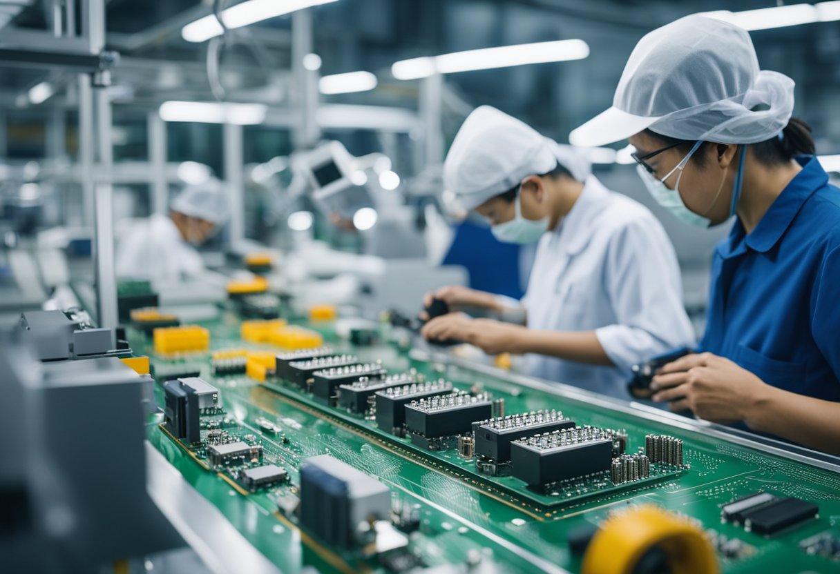 PCB components being assembled on a factory conveyor belt in China. Soldering machines and workers in the background