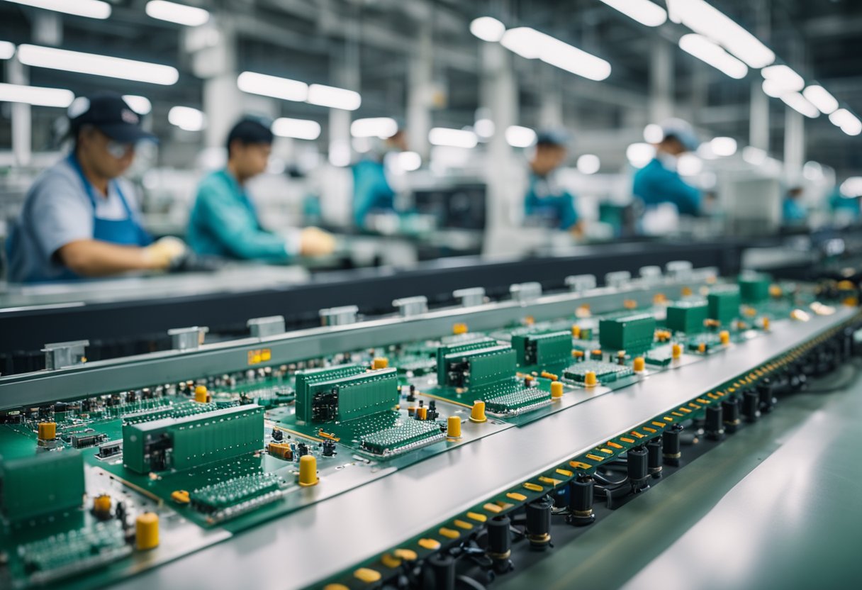 Multiple PCB assembly machines line the floor of a bustling Melbourne factory, with workers overseeing the production process. The air is filled with the sound of machinery and the smell of solder as the key players in Melbourne's PCB assembly market work tirelessly to meet demand