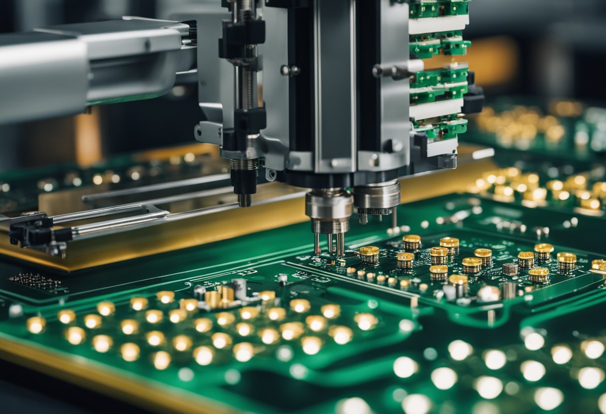 A PCB assembly machine meticulously places electronic components onto a printed circuit board